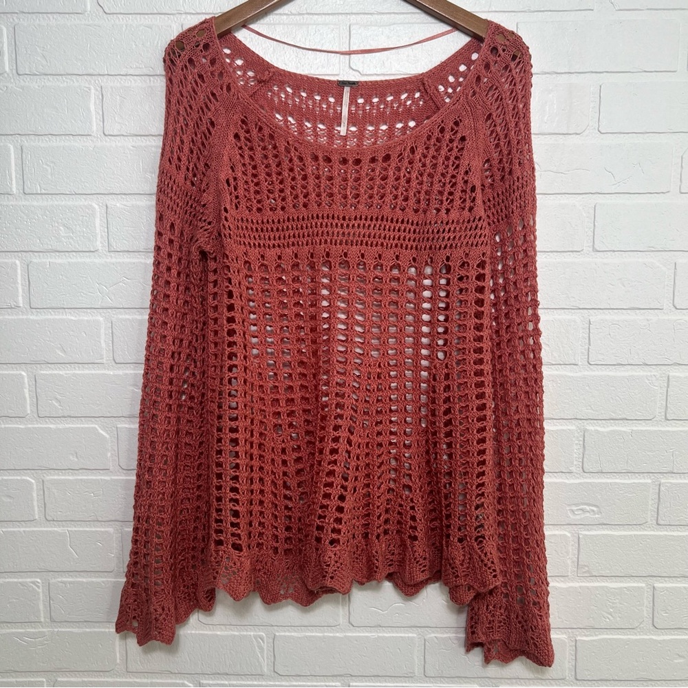Free People Womens Annabelle Crochet Long Bell Sleeve Sweater Beach Cover Medium
